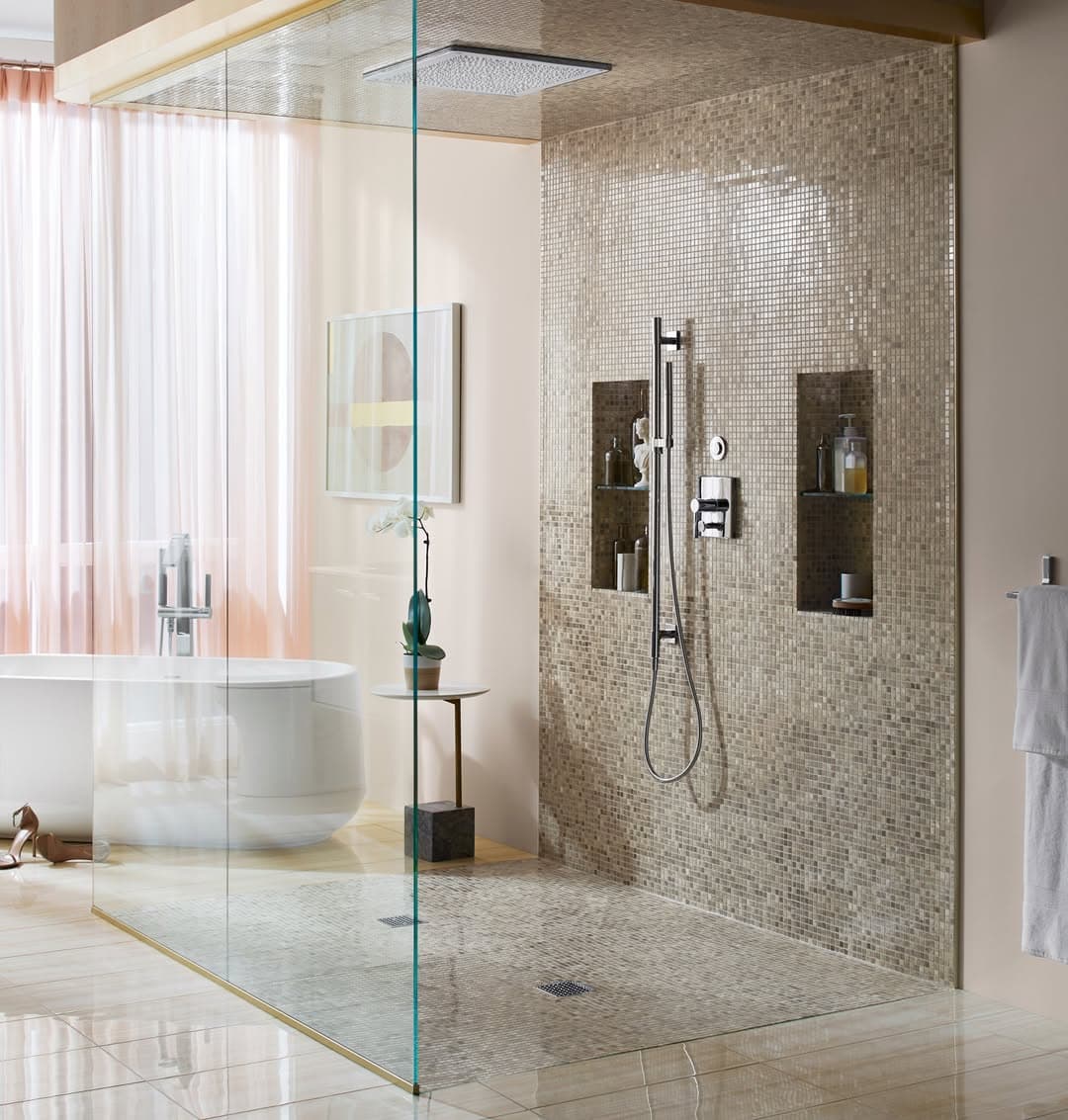 Luxury spa shower with mosaic tile and rain head